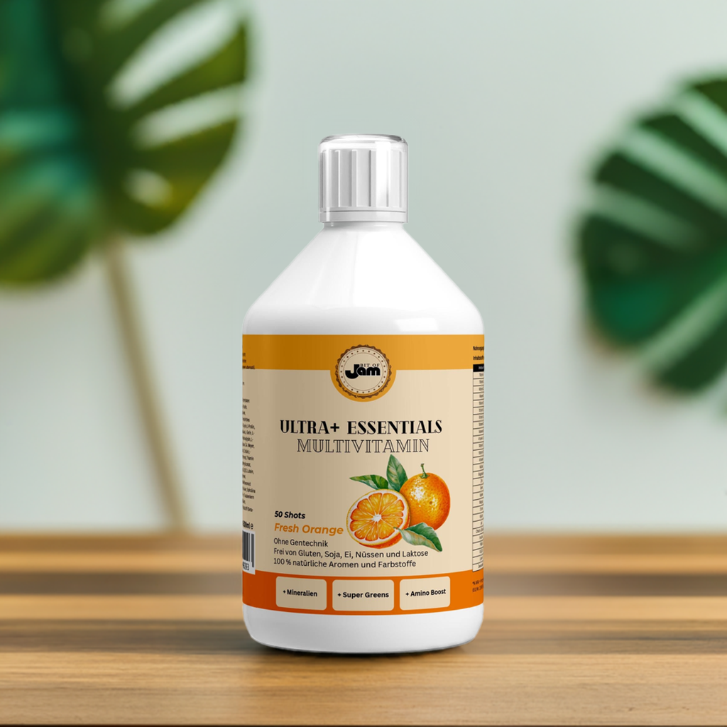 Orange-flavored multivitamin shot – daily dose for immunity and energy  Ingredients: amino blend, green blend, and vitamins in a 500ml bottle